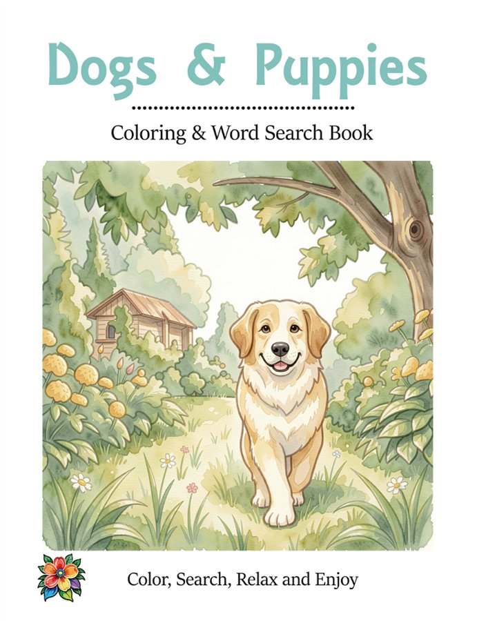 Dogs and Puppies Coloring & Word Search Book cover